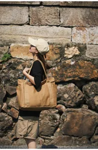 Casual khaki canvas tote bag with multiple pockets, large capacity daily shoulder bag for women.