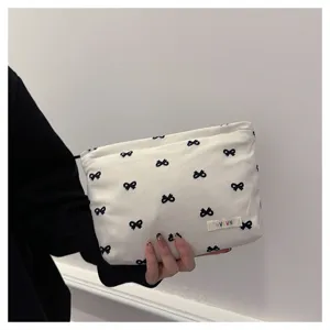 Cute bow print canvas cosmetic bag portable travel makeup storage pouch for women