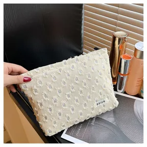 French style autumn new linen distressed sequin makeup bag, portable travel storage wash bag for women.
