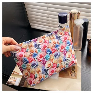 Colorful 3d rose print makeup bag large capacity portable cosmetic pouch for women travel