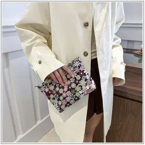 Floral embroidered cosmetic pouch detail view, portable makeup bag zipper closure showcase.