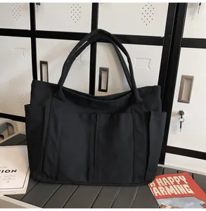 Black canvas tote bag with multiple pockets large capacity casual shoulder bag daily chic style