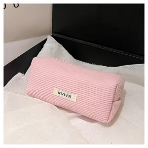 Roze corduroy etui met grote capaciteit schattige esthetische briefpapier opbergtas.
