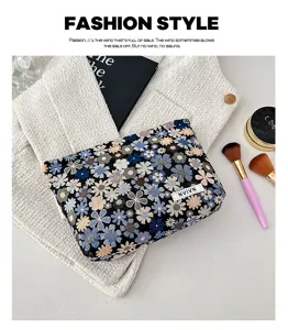 Close-up detail of floral woven cosmetic pouch with textured fabric background and makeup brushes.
