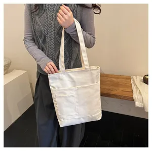 Canvas tote bag detail showing multi-pocket design and durable fabric for daily use.