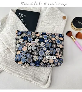 Floral jacquard cosmetic bag travel makeup pouch small toiletry organizer aesthetic detail view
