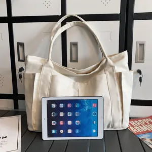 Canvas tote bag detail scene showing large capacity with tablet and daily styling setup.