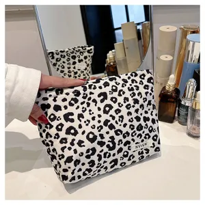 Leopard print cosmetic bag portable travel makeup pouch stylish zipper wash bag for women