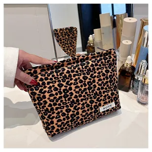 Leopard print cosmetic bag for women portable makeup storage pouch large capacity clutch bag