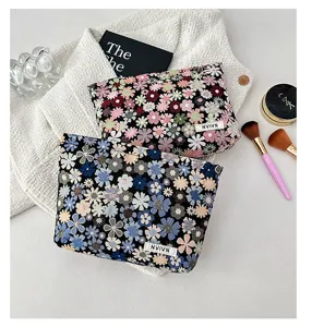 Floral woven cosmetic bag portable makeup pouch stylish toiletry organizer daily storage case