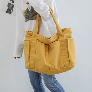 Women Large Capacity Canvas Tote Bag Casual Japanese Style Solid Color Shopper Bag Multi Pocket Daily Shoulder Bag