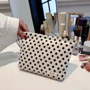Black and white polka dot makeup bag, portable canvas cosmetic pouch for women travel.