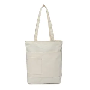 Large capacity canvas shoulder bag for women, solid color tote with zipper and multi-pockets.