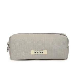 Grey canvas pencil case stylish stationery pouch large capacity minimalist zipper storage bag.