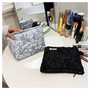 Quilted cosmetic bag fabric makeup pouch large capacity travel organizer clutch purse stylish