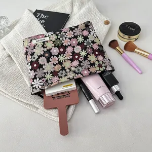 Floral cosmetic bag portable makeup organizer pouch cute travel toiletry storage case for women