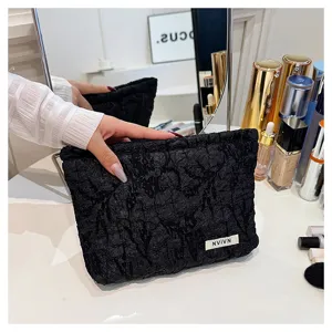 Black textured fabric cosmetic bag elegant clutch purse large capacity makeup pouch for women daily use