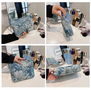 Blue floral jacquard cosmetic bag vintage makeup pouch portable travel storage case