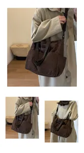 Corduroy shoulder bag detail view showing large capacity and practical side pockets design.