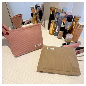 Corduroy cosmetic bag simple solid color makeup pouch portable storage bag for women