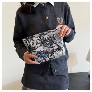 Women canvas makeup bag stylish toile de jouy pattern clutch casual storage pouch chic