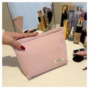 Pink corduroy cosmetic bag handheld travel makeup pouch minimalist portable storage bag daily essentials