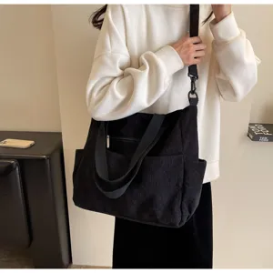 Black corduroy shoulder bag casual large capacity tote commuter handbag for daily office use