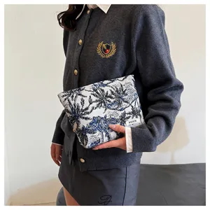 Women cosmetic bag blue white printed linen storage pouch chic daily makeup travel organizer