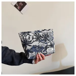 Blue and white palm print linen cosmetic bag for women casual portable makeup pouch