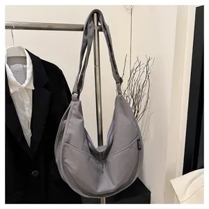 Sac bandoulière décontracté en toile grise, grand sac hobo fourre-tout pour femme usage quotidien.