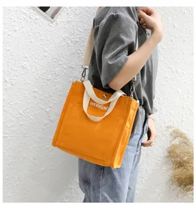 Yellow canvas tote bag casual shoulder handbag with letter print for daily student use