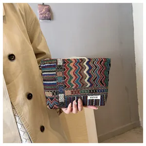 Women ethnic woven cosmetic pouch versatile retro makeup storage bag daily clutch purse