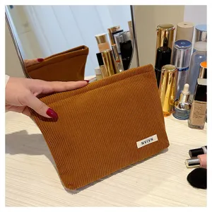 Corduroy cosmetic bag brown makeup pouch portable zipper storage bag for daily use travel