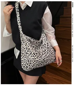 Leopard print canvas shoulder bag casual slouchy tote handbag for women daily commute style