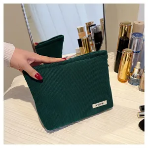 Green corduroy makeup bag solid color cosmetic pouch portable zipper storage clutch purse for women