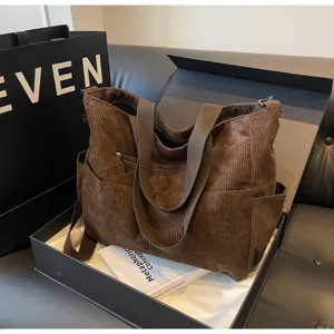 Brown corduroy tote bag, minimalist casual large capacity shoulder bag for women daily commute.