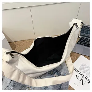 Sac bandoulière en toile style japonais grande capacité sac hobo croissant blanc pour femmes