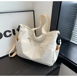 Minimalist corduroy shoulder bag, large capacity casual daily tote bag with multi pockets.