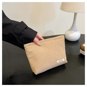 Corduroy makeup bag solid color storage pouch women stylish clutch purse portable cosmetic case