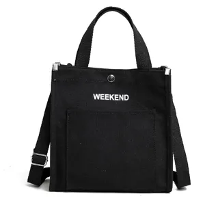 Black canvas tote bag with letter print, casual student crossbody shoulder bag for daily use.