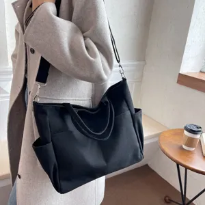 Women Casual Canvas Tote Bag Large Capacity Multi Pocket Handbag Solid Color Casual Everyday Shoulder Bag