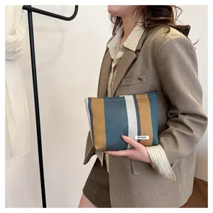 Striped canvas cosmetic bag portable travel storage pouch fashion minimalist clutch purse