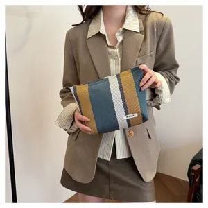 Woven striped cosmetic bag large capacity portable makeup pouch casual clutch purse for women daily use