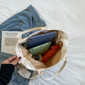 Canvas tote bag multi-pocket shoulder handbag casual women bag capacity display top view