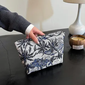 Grand Capacité Trousse de Maquillage Portable en Toile Impression Paysage Bleu et Blanc Organisateur de Voyage Pochette de Maquillage Pochette