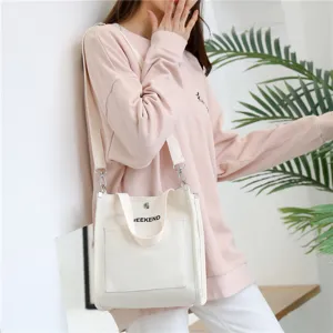 Japanese style canvas tote bag for women, casual single shoulder handbag with stylish letter print.