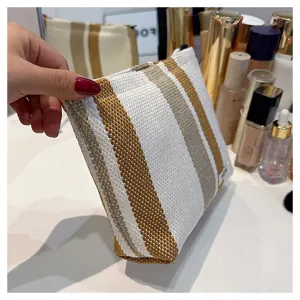 Striped canvas makeup bag large capacity portable cosmetic pouch travel toiletry organizer