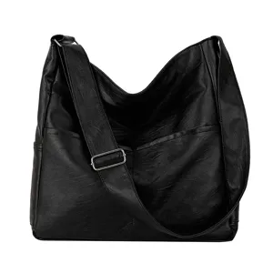 Black PU leather shoulder bag for women, casual hobo crossbody bag with adjustable strap.