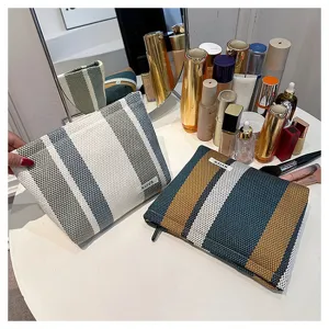 Large capacity striped cosmetic bag portable linen makeup pouch for women travel daily use storage