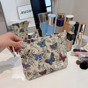 Vintage woven butterfly makeup bag large capacity canvas cosmetic pouch travel organizer